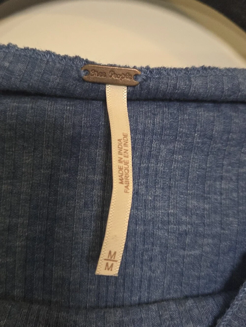 Free People - Heathered Blue Ribbed Long Sleeve Top with Sleeve Embroidery